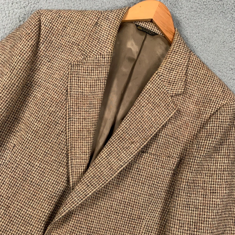 Vintage Harris Tweed Sport Coat Blazer Mens 44R Brown Check Wool Handwoven USA